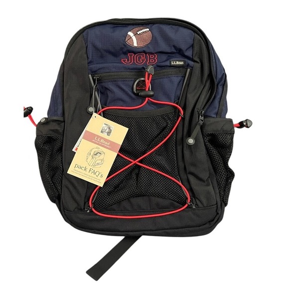 NWT LL Bean Backpack Navy Blue Black Football JGB Embroidered School Travel